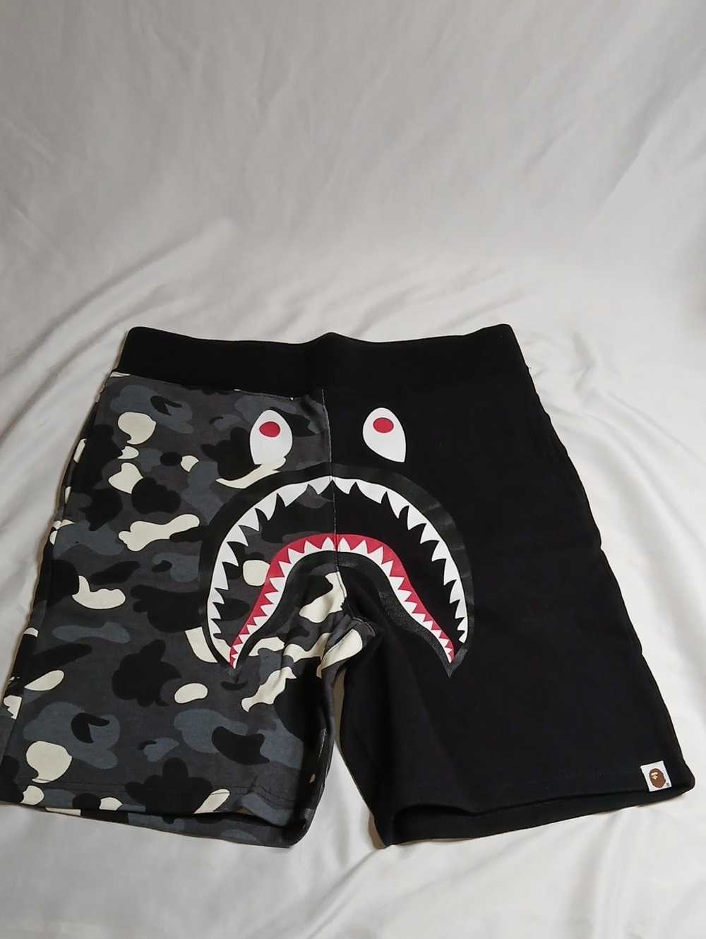 Bape Shark Camo Half-Panel Shorts in Black and Gray